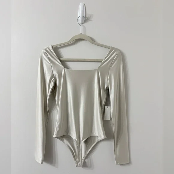 NWT BABATON Satinete Squareneck Matte Pearl Longsleeve Bodysuit Small Balletcore - Picture 6 of 7